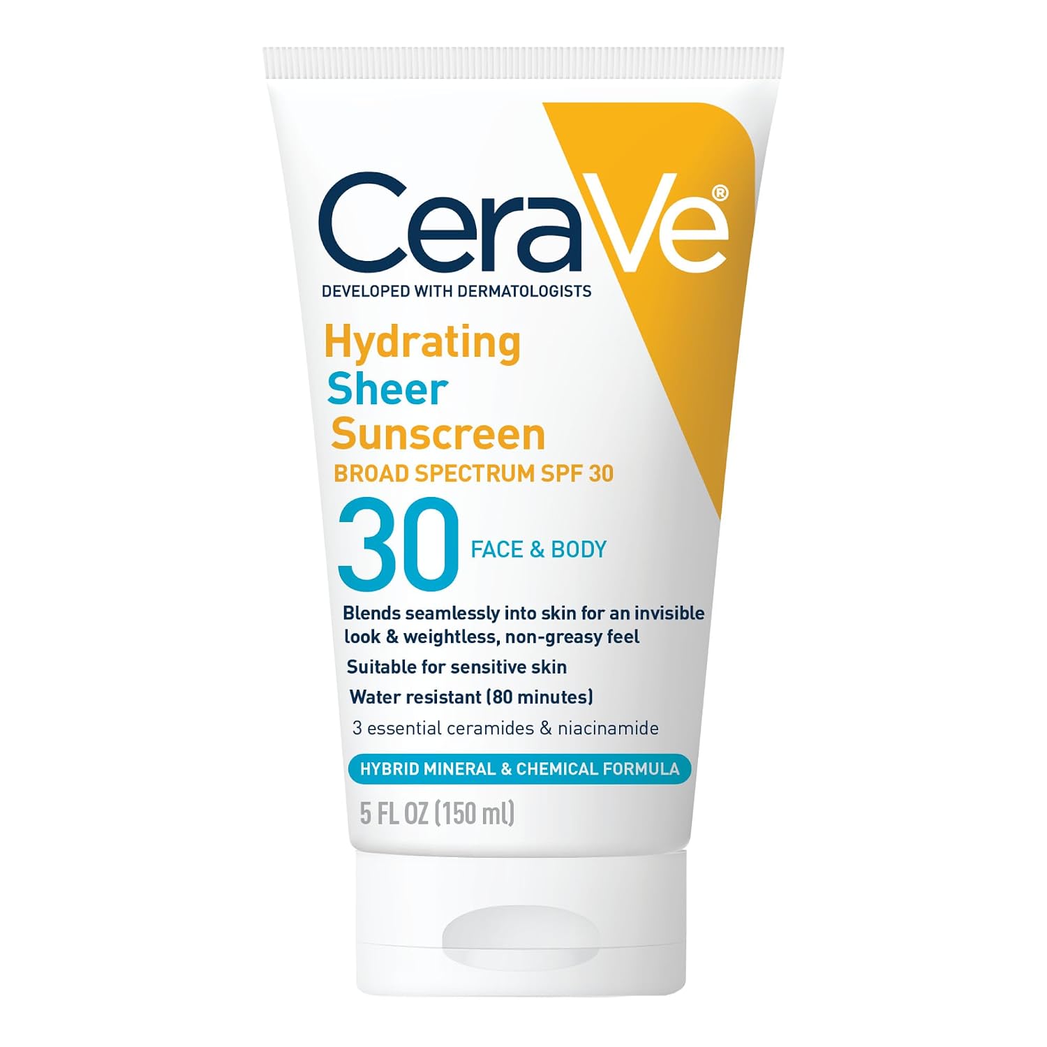 CeraVe Hydrating Sheer Sunscreen SPF 30 with Hyaluronic Acid. 3oz | Mineral and Chemical Sunscreen For Face and Body with Zinc Oxide & Ceramides. Fragrance-Free & Paraben-Free
