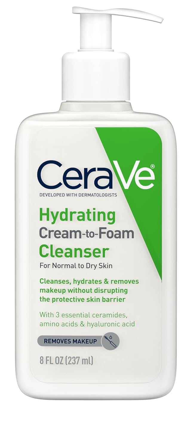 CeraVe Hydrating Cream To Foam Cleanser. Face Wash for Dry Skin. 8oz | Skin Care with Hyaluronic Acid. Makeup Remover. Facial Cleanser. Fragrance-Free. Non-Comedogenic. For Normal To Dry Skin