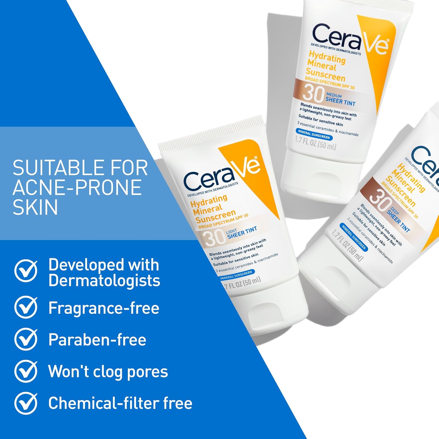 CeraVe Hydrating Mineral Sunscreen SPF 30 with Sheer Tint.Tinted Mineral Sunscreen with Zinc Oxide & Titanium Dioxide.Blends Seamlessly For Healthy Glow.Deep.1.7 Oz.(Pack of 2)