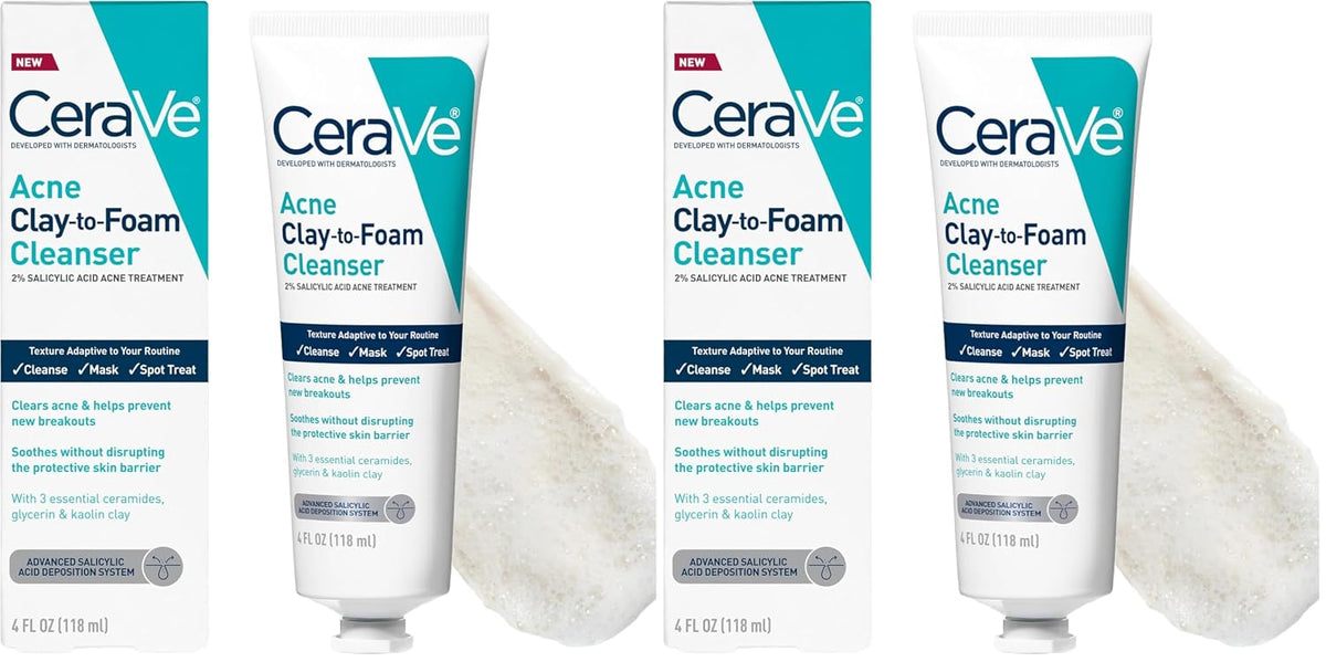 CeraVe Clay to Foam Acne Face Wash. Salicylic Acid Spot Treatment. 4 Oz | 3-In-1 Kaolin Clay Mask and Foaming Facial Cleanser with Glycerin and Ceramides Acts As a Blackhead Remover To Clear Acne
