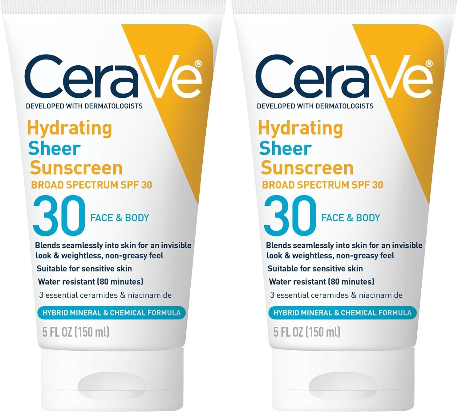 CeraVe Hydrating Sheer Sunscreen with SPF 30 for Face and Body.Mineral&Chemical Sunscreen for Men&Women with Zinc Oxide.Hyaluronic Acid and Ceramides.Paraben-Free + Fragrance-Free.5 Ounces.(Pack of 2)
