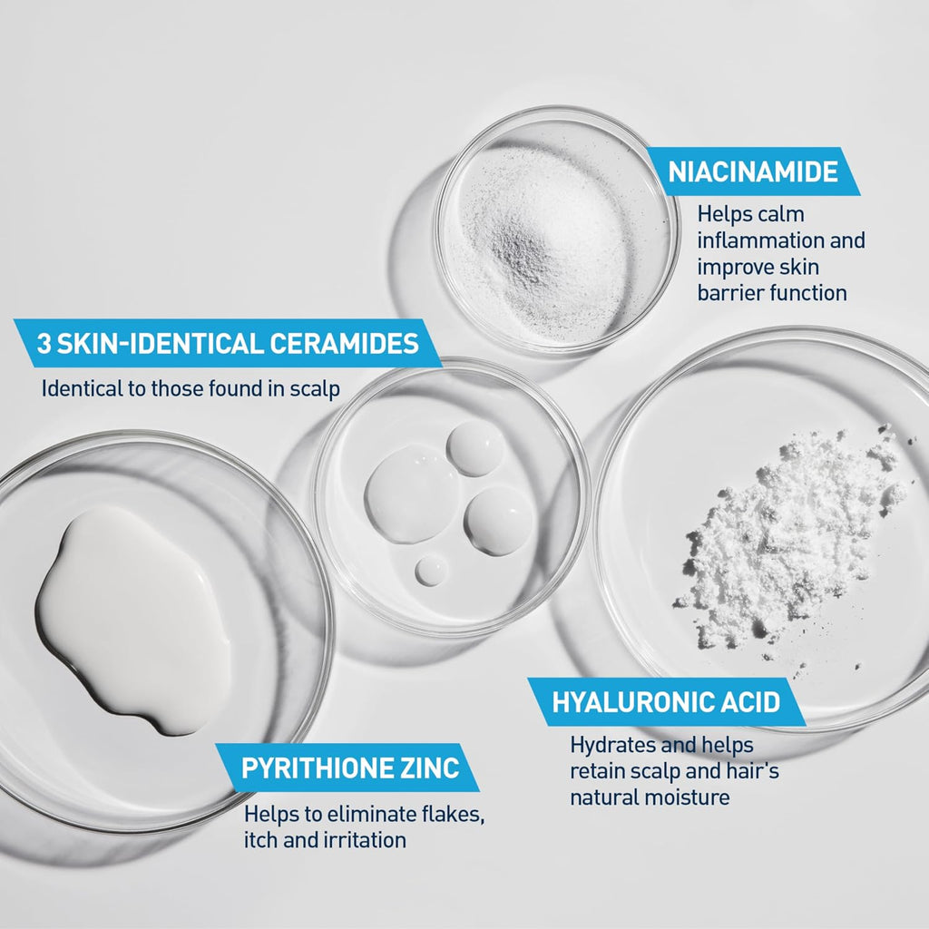 CeraVe Hydrating Anti Dandruff Shampoo. Itchy Scalp Treatment. 12oz | Helps Eliminate Flakes with 1% Pyrithione Zinc. Hyaluronic Acid. Niacinamide and Ceramides In Sulfate Free Formula
