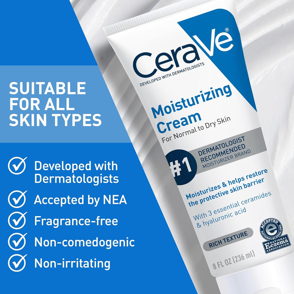 CeraVe Moisturizing Cream. Face Body Moisturizer. Normal to Dry Skin. 8 Fl Oz | Hyaluronic Acid For Instant Hydration. Skin Barrier Repair. Ceramide Moisturizer. Fragrance Free. Non-Comedogenic. Daily Use
