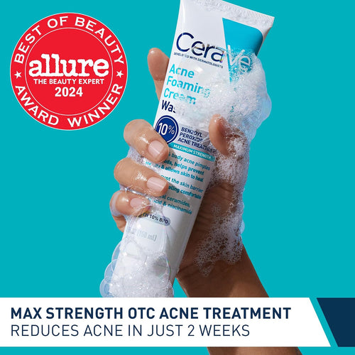 CeraVe Acne Foaming Cream Wash. 10% Benzoyl Peroxide Facial Cleanser. 5oz | 10% Benzoyl Peroxide Cleanser with Hyaluronic Acid and Niacinamide Clears Pimples and Acts As A Blackhead Remover