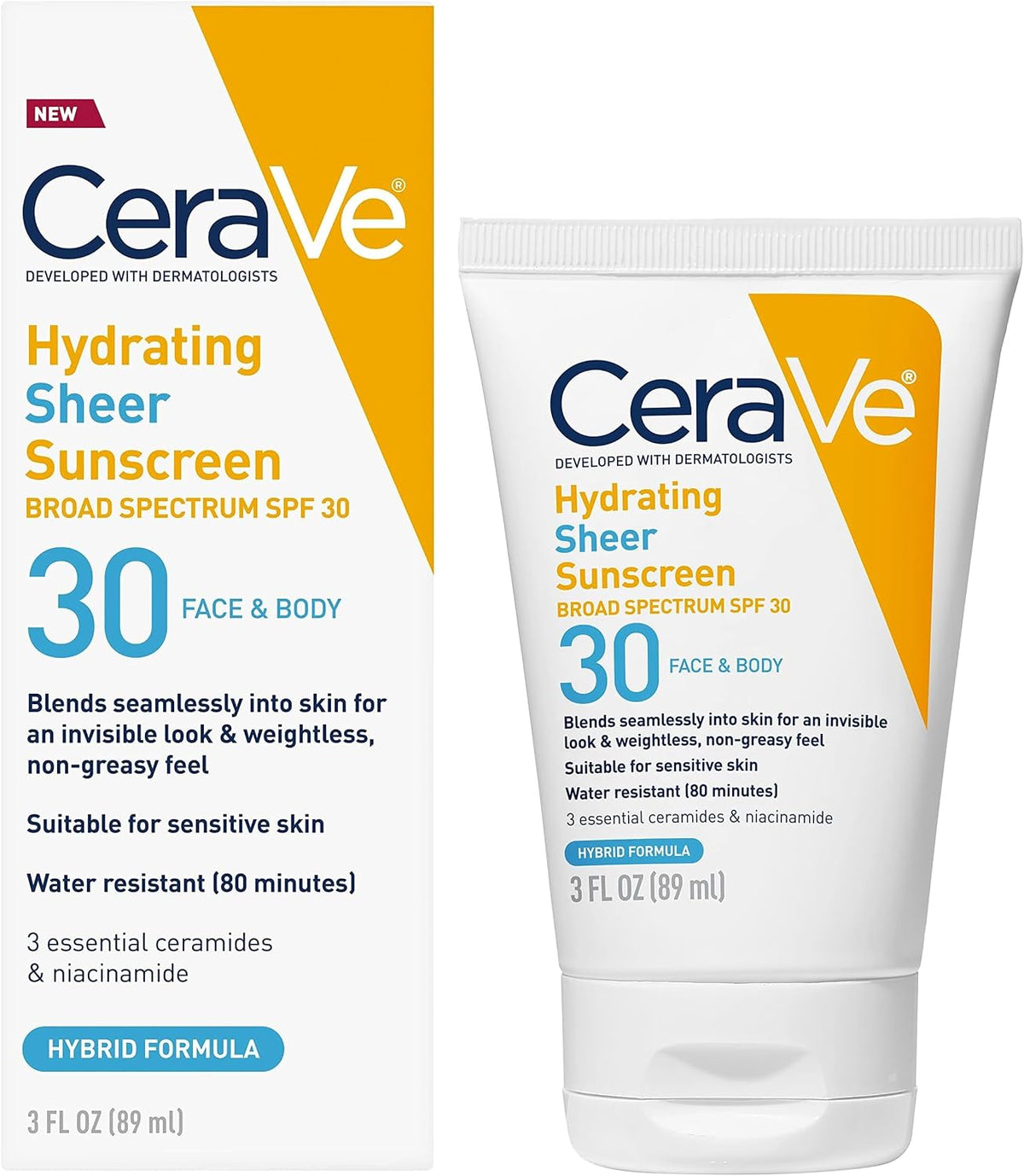 CeraVe Hydrating Sheer Sunscreen SPF 30 with Hyaluronic Acid. 3oz | Mineral and Chemical Sunscreen For Face and Body with Zinc Oxide & Ceramides. Fragrance-Free & Paraben-Free